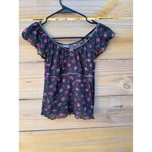 Mudd Vintage Y2K Floral Mesh Cap Sleeve Top Grey Pink Rose XS Bow Lettuce Edge